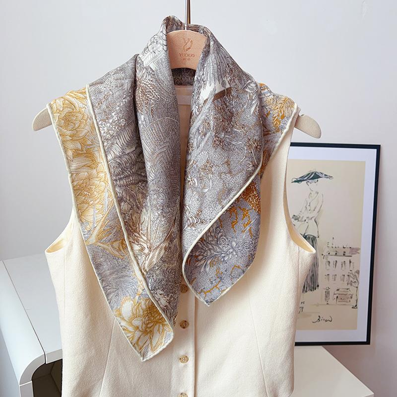 【Tropical Rainforest】Mulberry Silk and Wool Scarf, High-End Double-Sided Printed Silk and Wool Medium Square Scarf, Small Shawl
