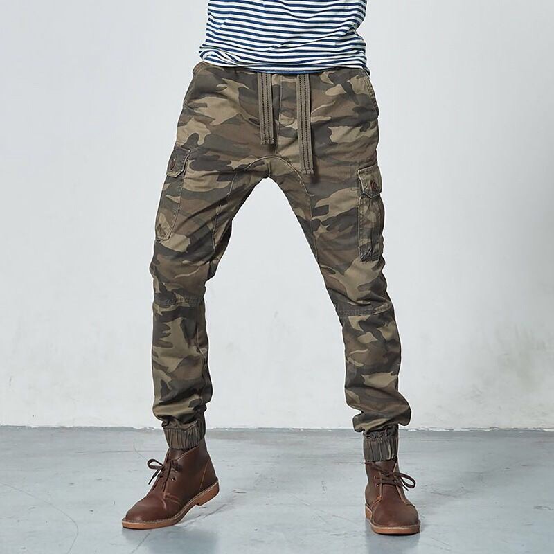European and American Retro Camouflage Work Pants for Men, Drawstring Jogger Pants, Loose Casual Jogger Pants for Men