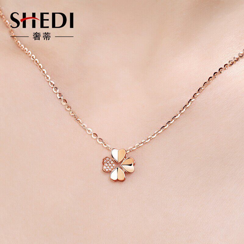 18k Rose Gold Four-leaf Grass Necklace Female Sterling Silver Pendant Small Group Silver Jewelry 520 Valentine's Day Gift for Girlfriend