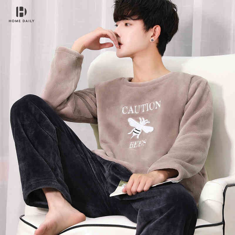 Coral velvet men autumn winter thin collar head large size fashion men flannel home suit winter