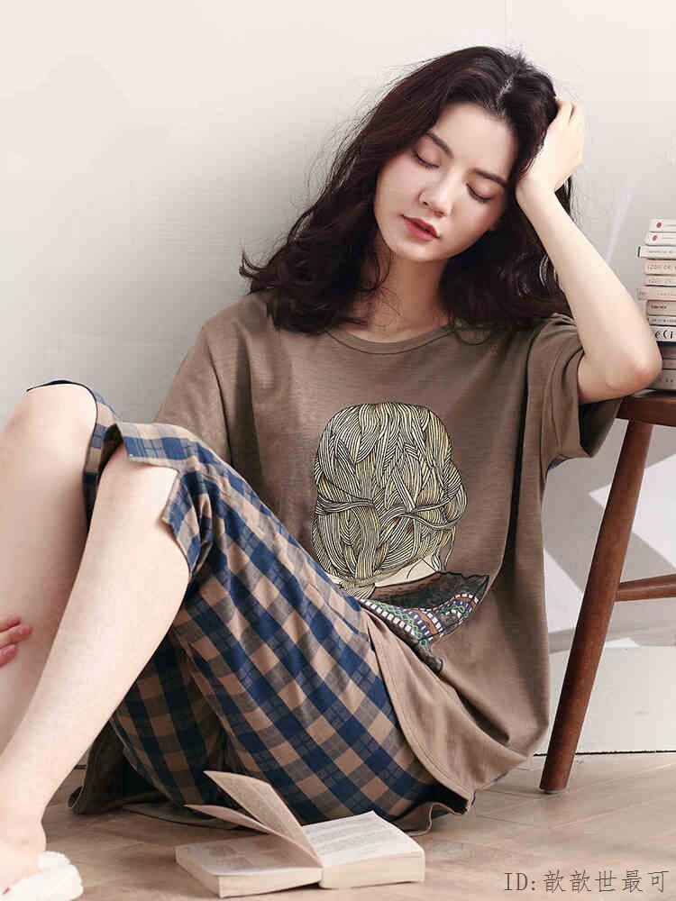 Sleepwear Women Summer Pure Cotton Seven-Pants Korean Version Short Sleeve Cartoon Cute Thin style All cotton Home Residence Suit Long Version Spring Autumn