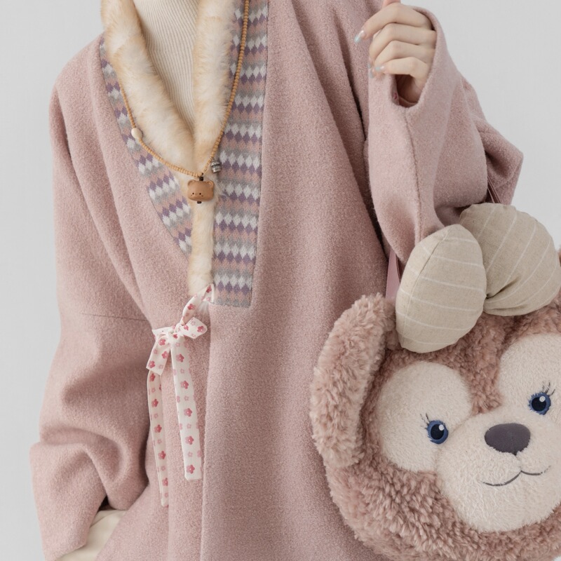 【083】Autumn and Winter Wool Reversible Short Jacket, Casual Daily Commute Pink Ming-Style Hanfu Set for Women