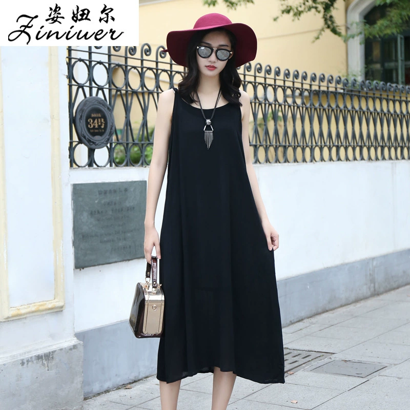 Nana Jiaxia mới có kích thước rộng rãi váy đi biển váy dài giữa cotton và váy lanh dây treo đáy váy dài quần áo của phụ nữ - Váy dài