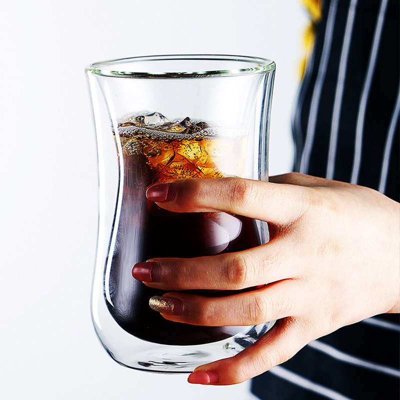 Double hollow coffee cup creative office insulation hot and cold drink tea juice drink fancy transparent glass glass