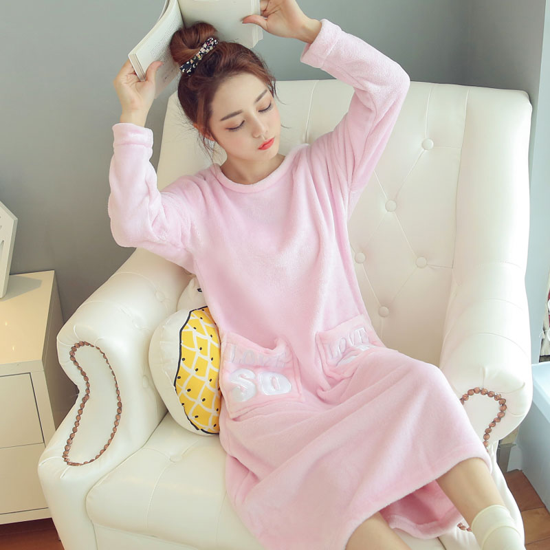 Autumn Winter Coral Suede Sleeping Skirt Woman Winter Long Version Flannel Pyjamas Korean version sweet and princess Wind pregnant woman Big size Fat MM