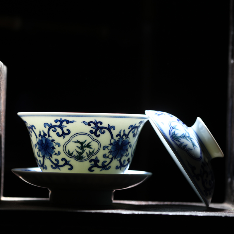 Offered home - cooked in jingdezhen ceramic kung fu tea set three blue and white porcelain is pure manual hand - made tureen tea bowl cups