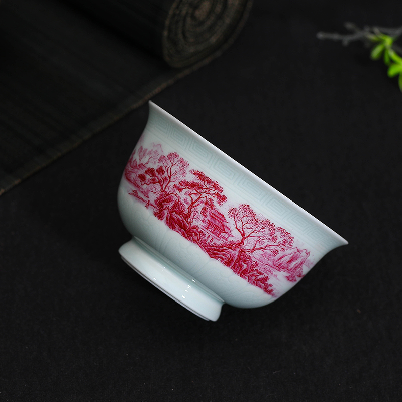 Offered home - cooked maintain fire ceramic sample tea cup masters cup in hand shadow blue heavy agate carving red landscape use