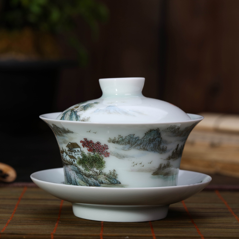 Offered home - cooked tureen ceramic tea set in hand - made pastel only three bowl of jingdezhen porcelain tea tea bowl of pure manual