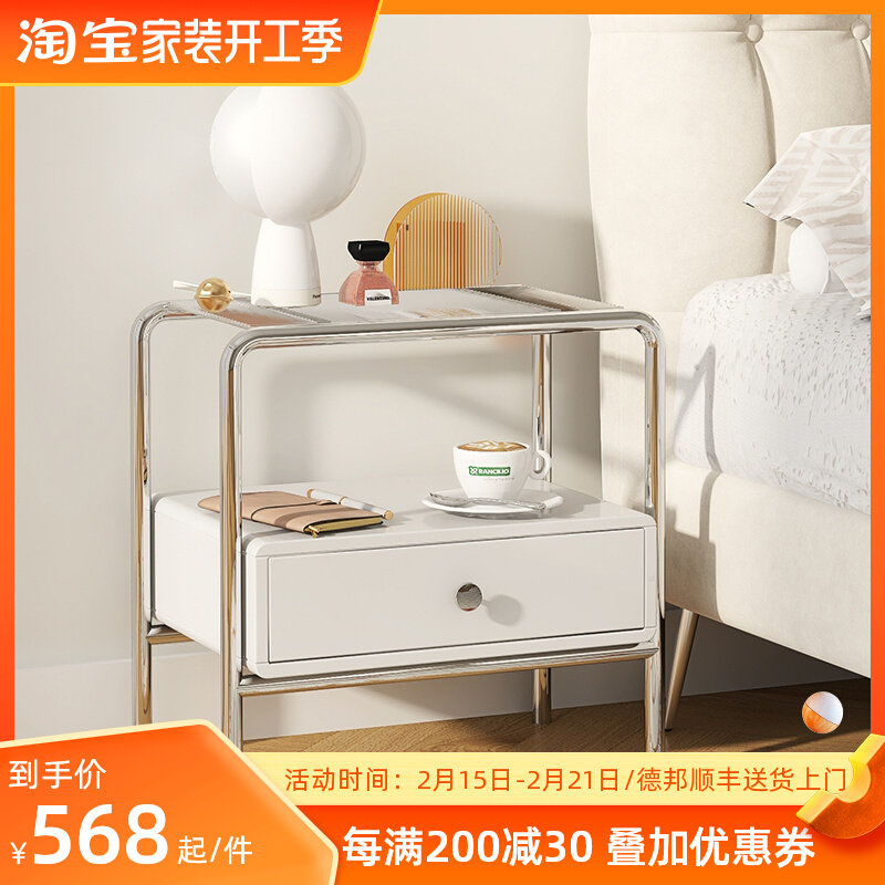 Medieval stainless steel bed head cabinet light extravagant minimalist around modern small glass shelve net red bedroom bedside containing cabinet 