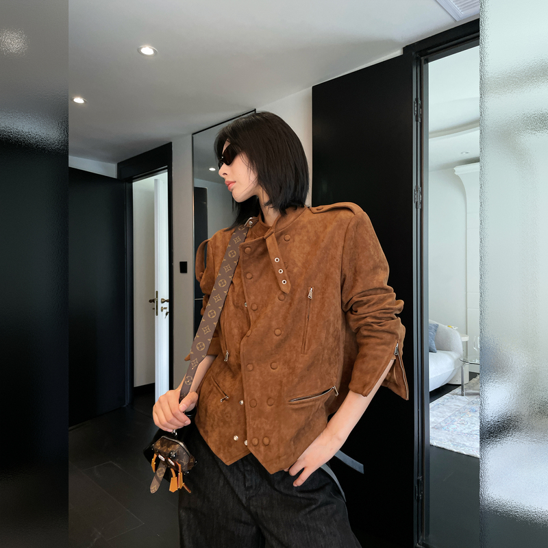 Jccc Shadow [Sand Dune Shadow] Napoleon-Style Suede Matte Retro Coffee Tone Short Autumn and Winter Jacket for Women