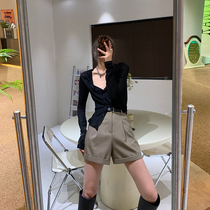 JCCC Shadow Khaki Suit Pants Women Summer High Waist Wide Leg Skinny Shorts Loose Thin Casual Pants