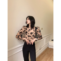 JCCC shadow chiffon shirt womens lace suspender bottoming shirt Western style floral lantern sleeve mesh top two-piece set