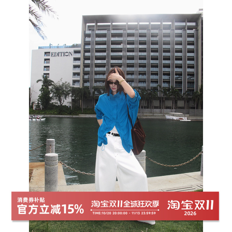 Jccc Shadow [Commuting Breeze] Blue Casual Fashion Shirt with Pleated Design and Asymmetrical Hem Long Sleeves