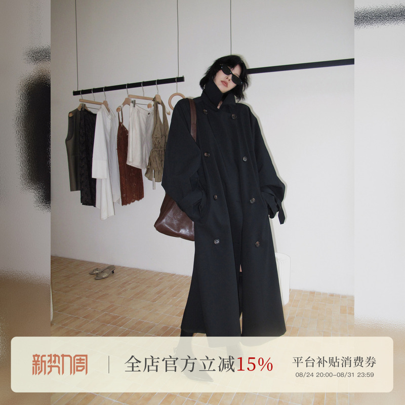Jccc Shadow [Larch] Two-Tone Silhouette Stand-Up Collar Classic Versatile Mid-Length Autumn and Winter Trench Coat for Women