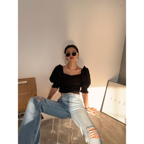 JCCC Shadow black square collar bubble sleeve top Womens retro French summer doll shirt short-sleeved pullover shirt