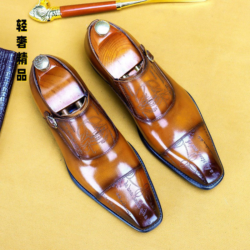 Fashion carved business leather shoes men's leather British buckle monk Monk shoes toe layer cowhide square toe casual men's shoes