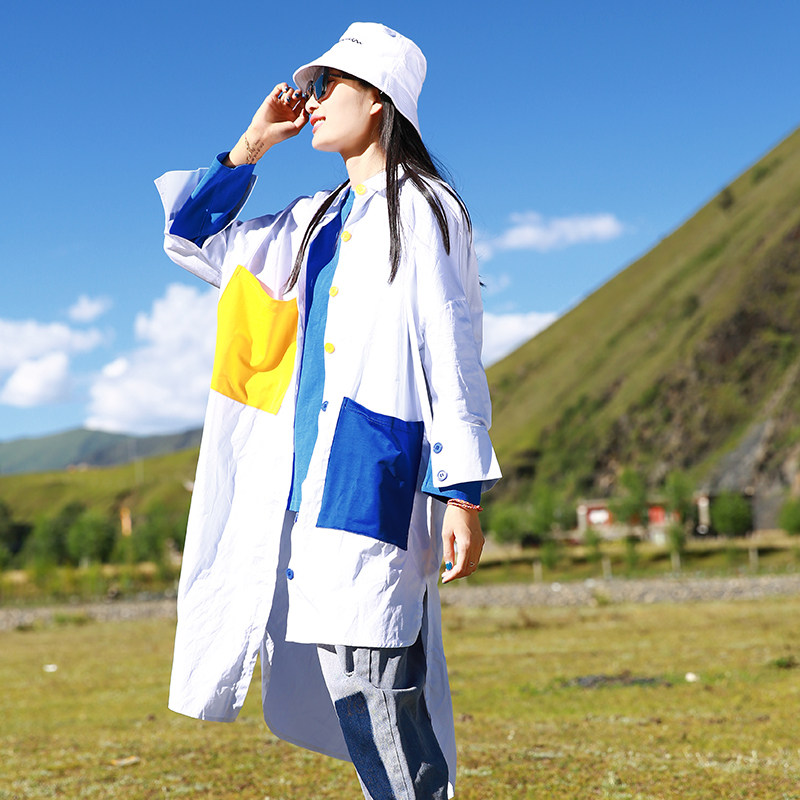 Outdoor new women's personality contrast pocket mid-length quick-drying shirt loose casual long sleeves irregular trendy style