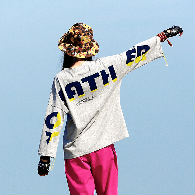 Naughty Outdoor Female Loose New Frontier Cotton Alphabet Printed Long Sleeve Cotton T-shirt Breathable sweat-absorbing sunscreen hiking