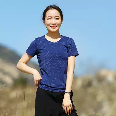 Summer women's stretch print round neck quick-drying T-shirt sweat-sucking cold quick-drying short-sleeved hiking hiking casual running