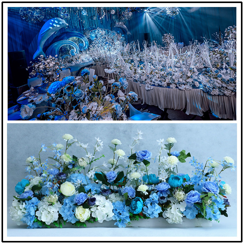 Wedding road leading flower row wedding T stage decoration flower row wedding hotel long strip simulation blue line flower row
