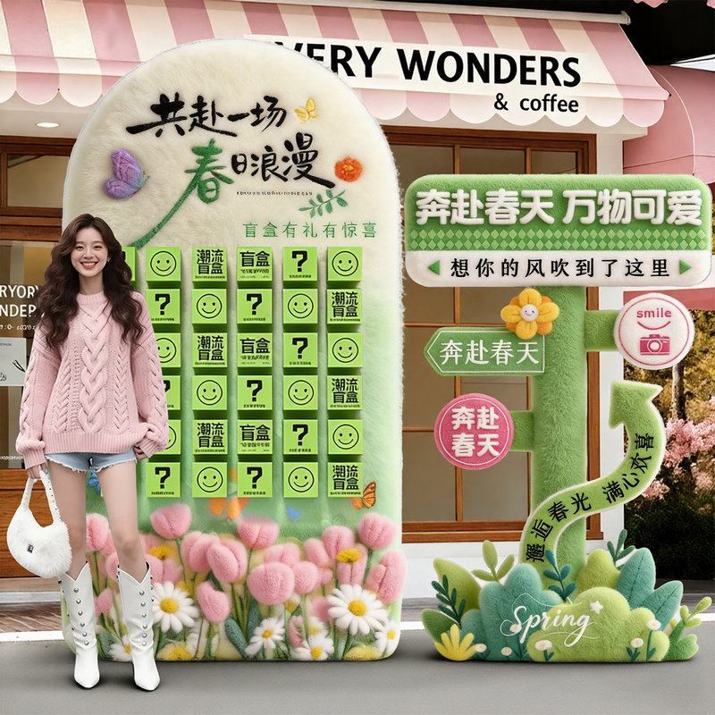 Spring Season Mall Store Window Display Event Scene Setup Atmosphere Props Spring Outing Blind Box Lottery Red Envelope Wall Kt Board