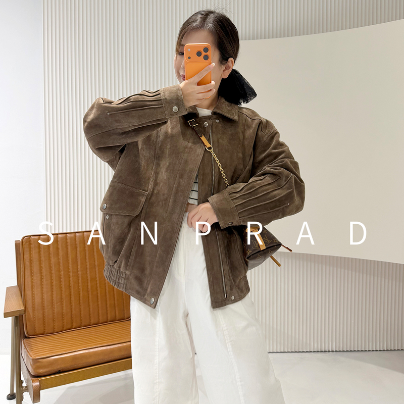 Sanprad Imported Lambskin Suede Leather Jacket with Turn-Down Collar, Same Style as Yoo Ji-Min, Women's Loose-Fitting Leather Jacket