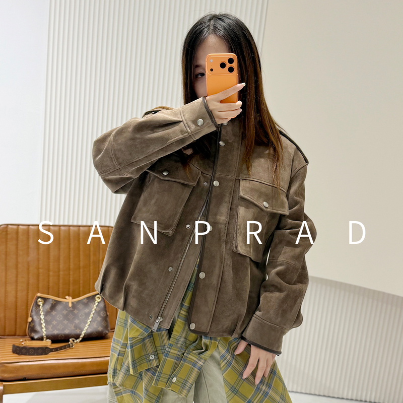 Sanprad Autumn and Winter Bc Style Stand Collar Imported Genuine Sheepskin Suede Leather Jacket Women's Drop Shoulder Vintage Coat Sanprad Autumn and Winter Bc Style Stand Collar Imported Genuine Sheepskin Suede Leather Jacket Women's Drop Shoulder Vintage Coat