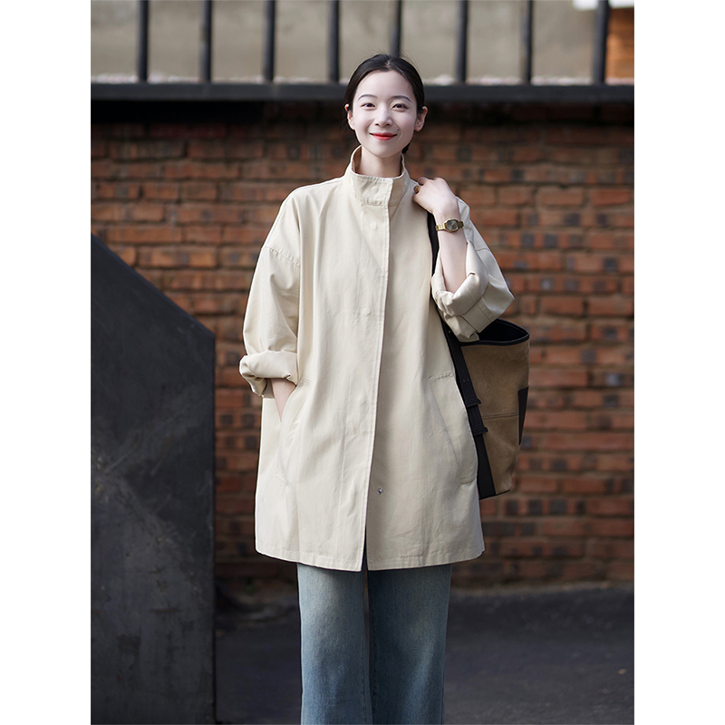 Stand Collar Lazy Japanese Style Trench Coat for Women, Mid-Length 2026 New Style, Elegant and High-End, Casual Loose Fashion Jacket