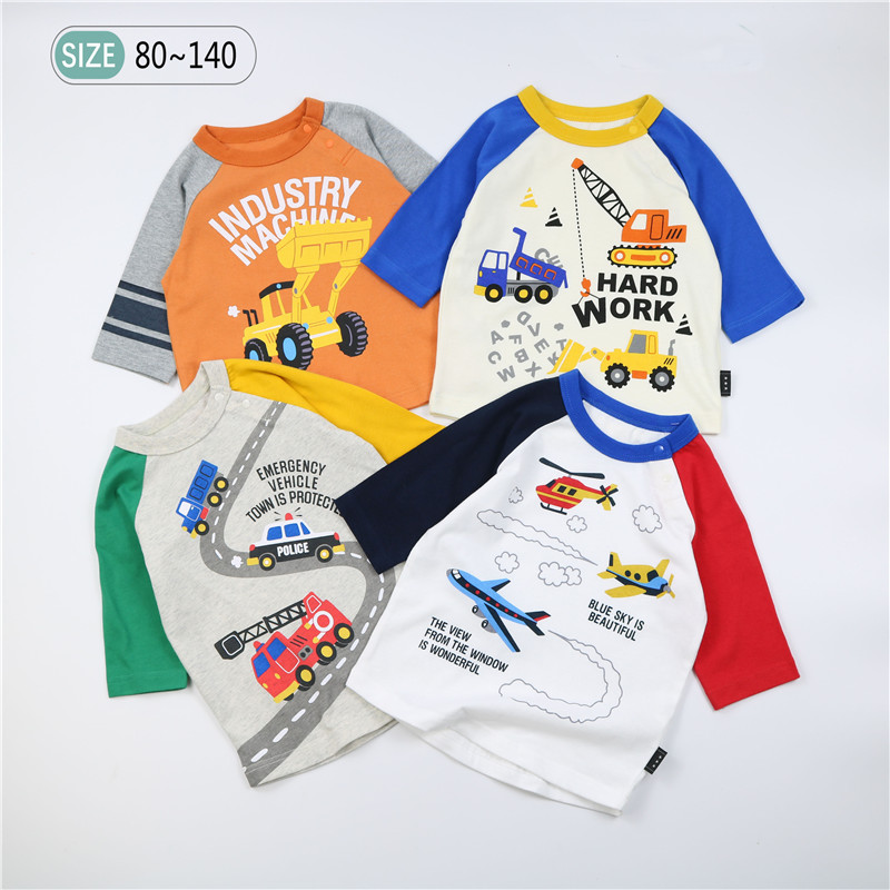 Export Japan children's clothing Boys spring and autumn season seven-point sleeve cotton excavator fire truck engineering vehicle T-shirt top