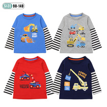 Spring Autumn Season Mens Treasure Pure Cotton Fake Two Long Sleeves T-shirt Childrens Engineering Car Fire Truck Blouses Baby Round Collar Child Clothing
