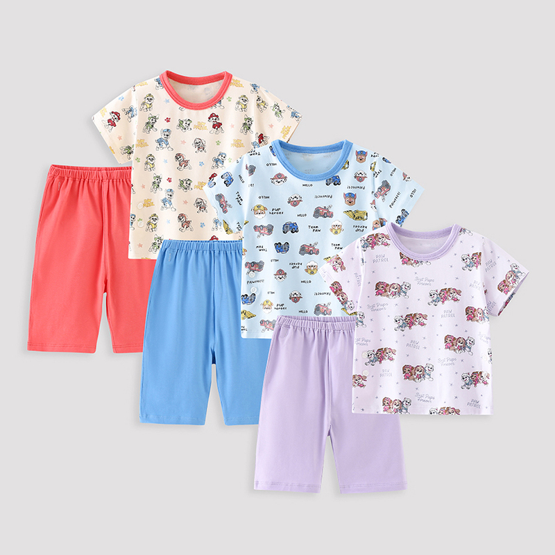 Summer Cotton Dog-Themed Short-Sleeve Tops and Shorts Home Wear Set for Baby Boys and Girls, Infant Pajamas and Sleepwear Set