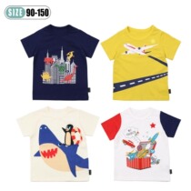 Day Series Childrens Clothing Summer Mens Treasure Pure Cotton Short Sleeve Casual Blouse Boy Cartoon Round Collar Half Sleeve Dinosaur Car T-shirt
