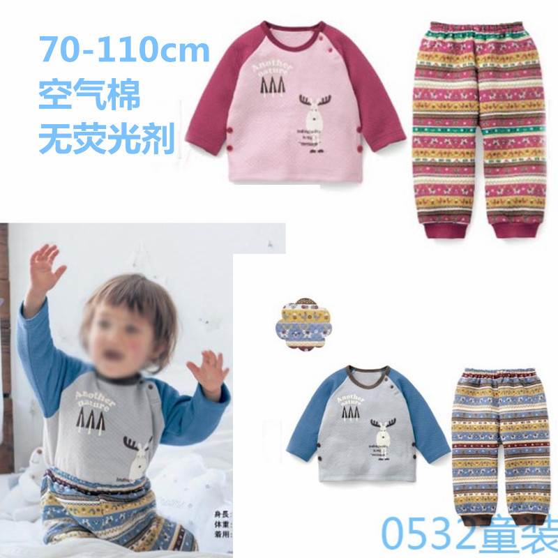 Export japan thousand children's homewear set autumn and winter boys and girls three layers of warm air cotton pajamas