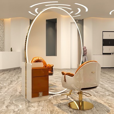 Internet celebrity hairdressing shop double-sided floor-to-ceiling large round mirror LED full-body mirror round barber shop trendy hair salon special mirror table