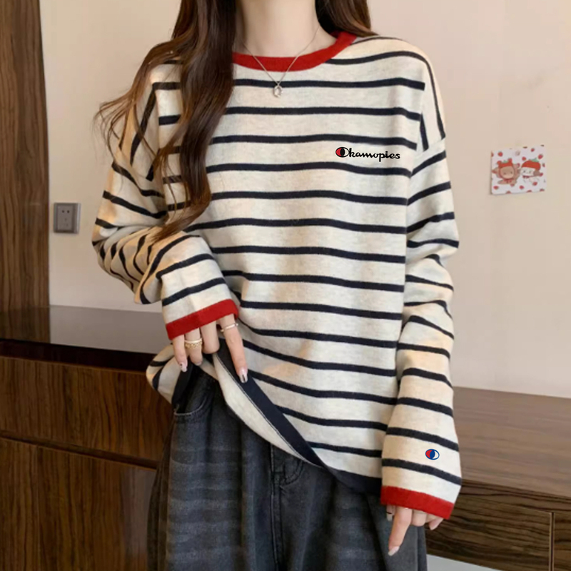 Champion Striped Long-Sleeve T-Shirt for Women, 2026 Autumn New Style, Round Neck, Embroidered, Loose Fit, Slimming Base Shirt, Trendy Top