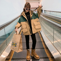 Girls coat autumn and winter 2021 New style fashionable childrens clothing medium and long style plus velvet padded puck