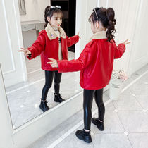 Childrens leather jacket girl plus velvet thickened autumn and winter clothing 2021 New Korean version of the child foreign style leather jacket tide