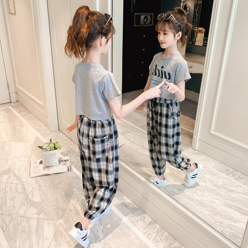 Girl Nets Red Suit Foreign Pie Summer Dress 2022 New Trendy Short Sleeve Tide Children Suit CUHK Children Sports Two Suits