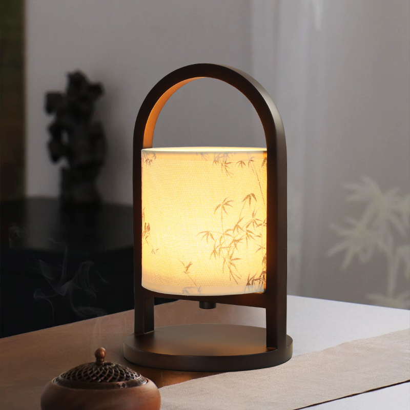 New Chinese-Style Bamboo Print Table Lamp with Fabric Lampshade and Wooden Base for Study and Bedroom Decoration, Song-Style Aesthetic Table Lamp