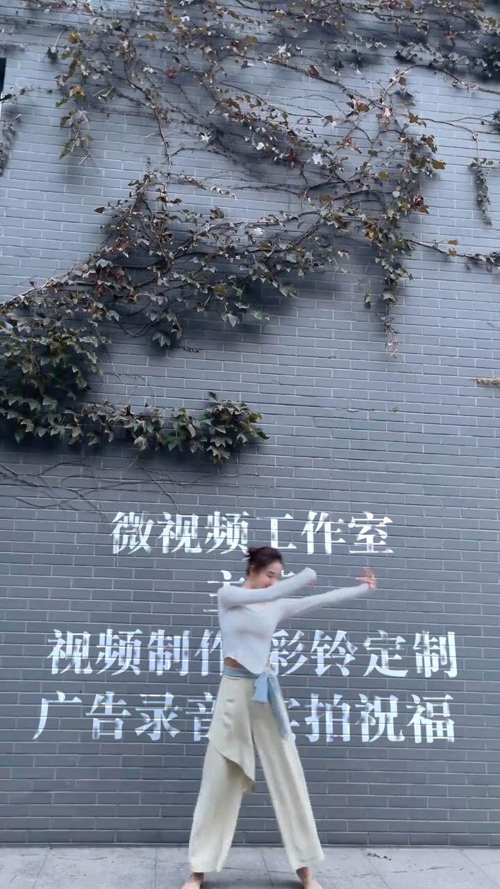 灰衣美女跳舞墙上文字古典舞