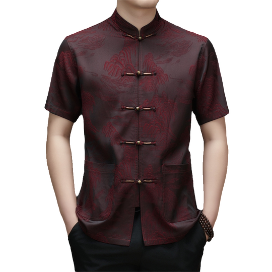 Pierre Cardin High-End Mulberry Silk Tang Suit Short-Sleeved T-Shirt Summer Chinese Style Father's Wedding Banquet Dress Silk Shirt