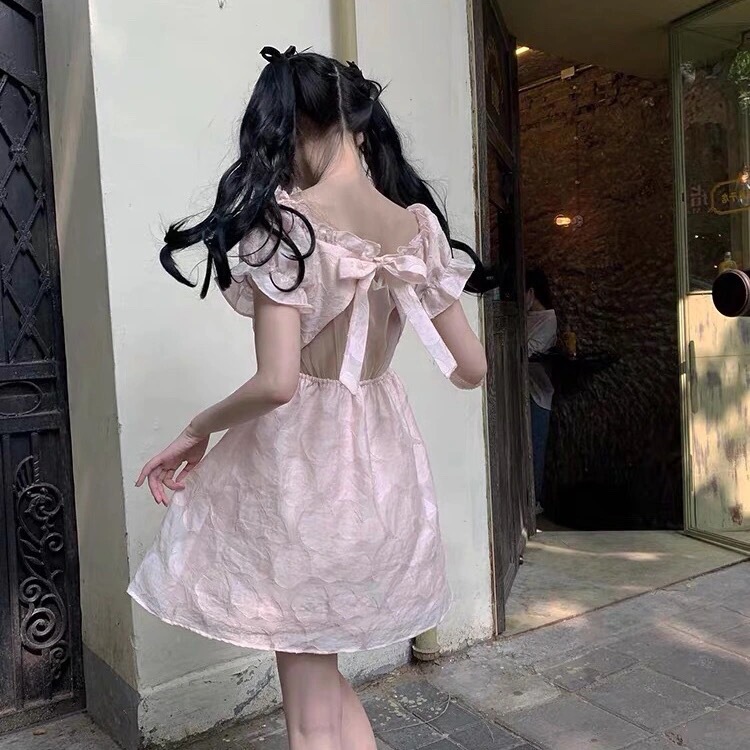 Summer French-Style Sweet and Elegant Milk-White Gentle Waist-Cinching Bow Dress with Backless Design, First Love Runaway Princess Dress Summer French-Style Sweet and Elegant Milk-White Gentle Waist-Cinching Bow Dress with Backless Design, First Love Runaway Princess Dress