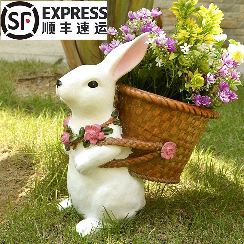 户外花园卡通兔子竹编花盆多肉创意美式乡村阳台布置造景庭院装饰