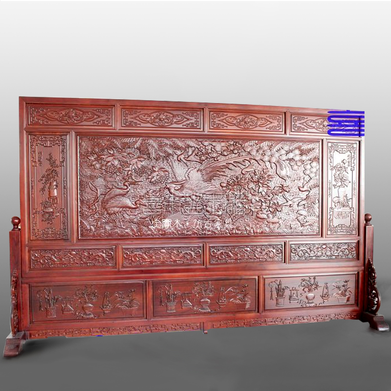 Hundred birds chaofeng floor screen Chinese solid wood double-sided carved porch partition seat screen plug-in Dongyang wood carving