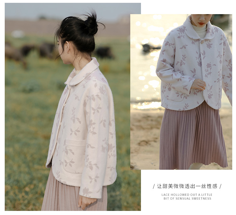 North Ming có một chiếc áo khoác len [trẻ em màu xanh lá cây] nữ retro áo khoác len ngắn hoa áo khoác lót lông nữ