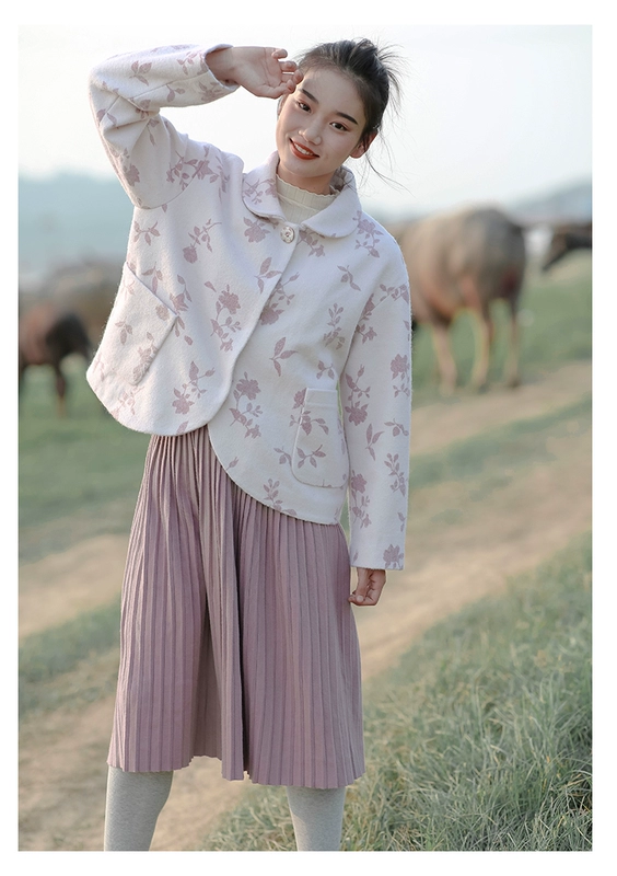 North Ming có một chiếc áo khoác len [trẻ em màu xanh lá cây] nữ retro áo khoác len ngắn hoa