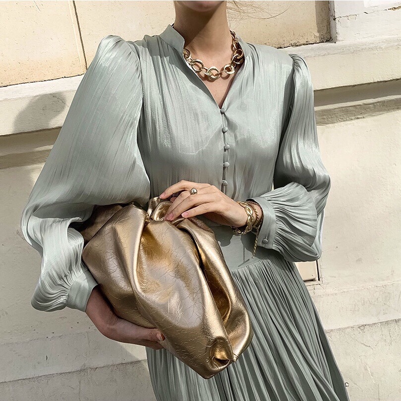 Korean chic temperament light familiar style satin pleated glossy fashion stand-up collar mid-length dress