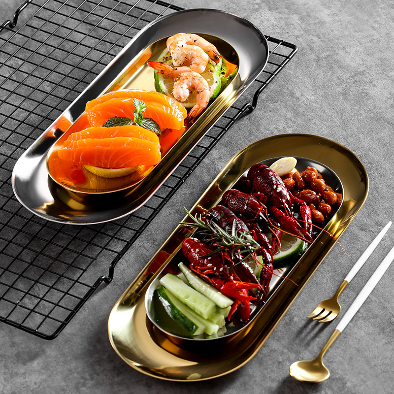Thickened stainless steel oval plate hotel snack dessert plate hot pot beef barbecue plate flat bottom aromatherapy tray
