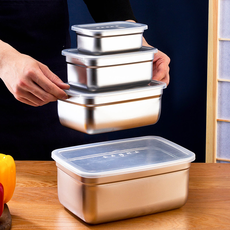 Stainless steel 304 fruit fresh-keeping box with cover food-grade food storage box rectangular refrigerator special freezer