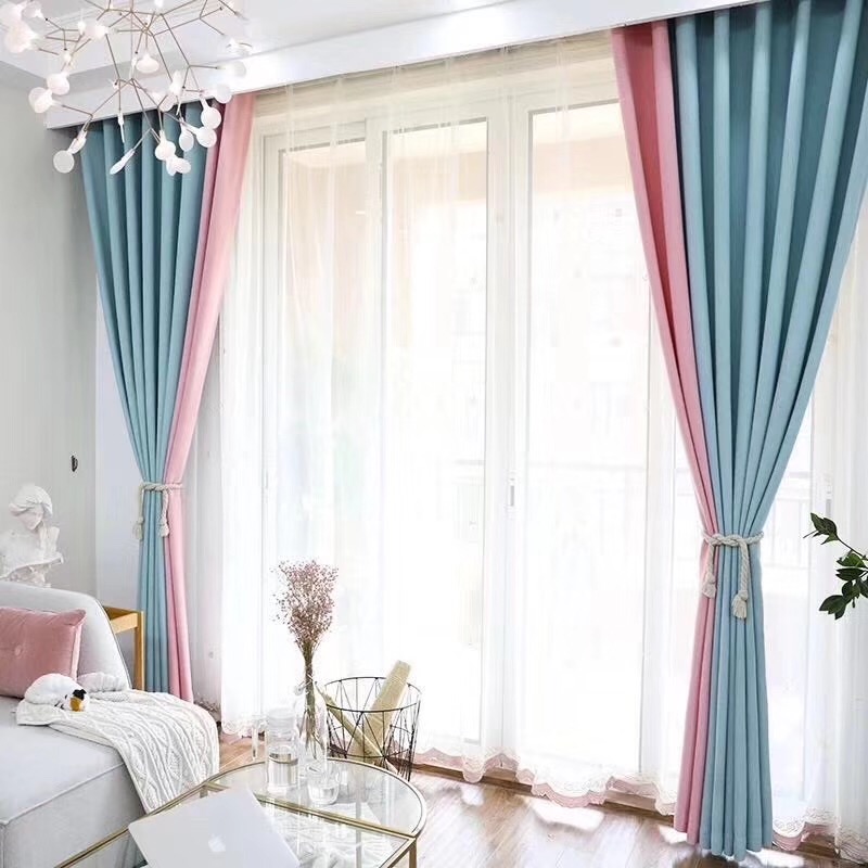 Curtain splicing Nordic style Mediterranean living room cotton and linen shading South China Sea free on-site measurement and installation of curtain cloth